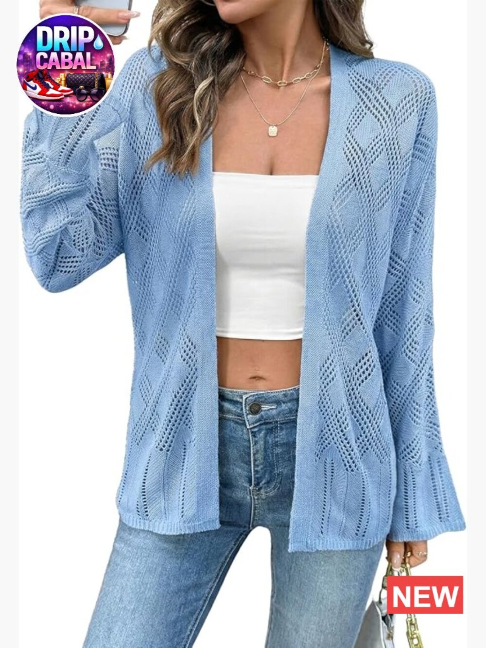 100% Acrylic Crochet Cardigan Open Front Long Sleeve Lightweight Summer Sweater
